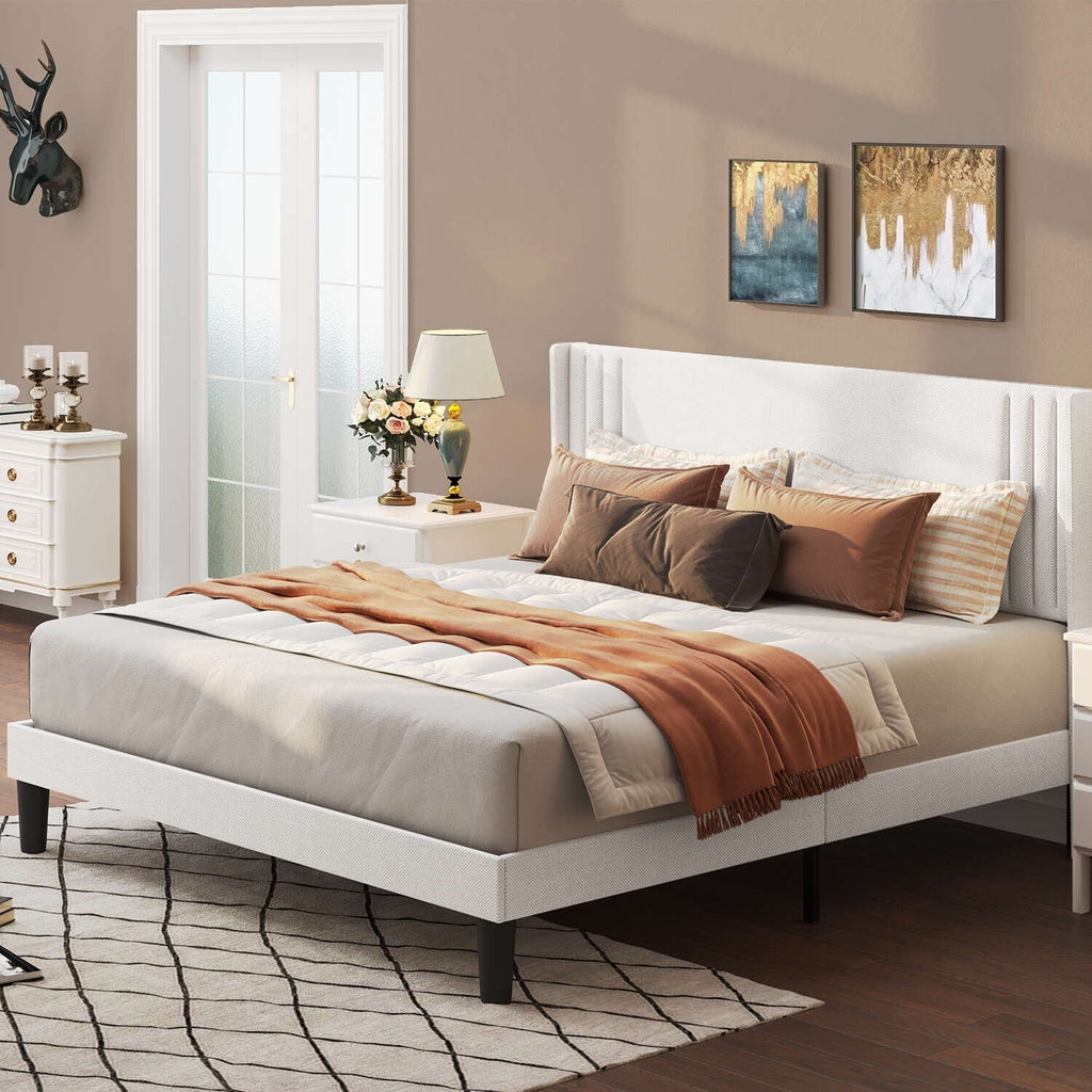 Queen/ Full Vertical Channels Upholstered Bed with Wingback Headboard