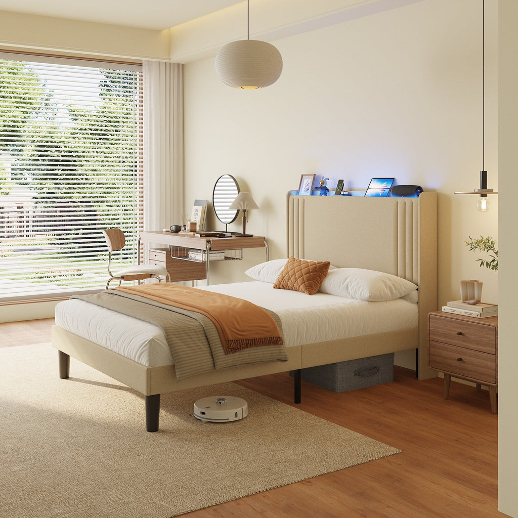 Queen/ Full Vertical Channels Upholstered Bed with Wingback Headboard