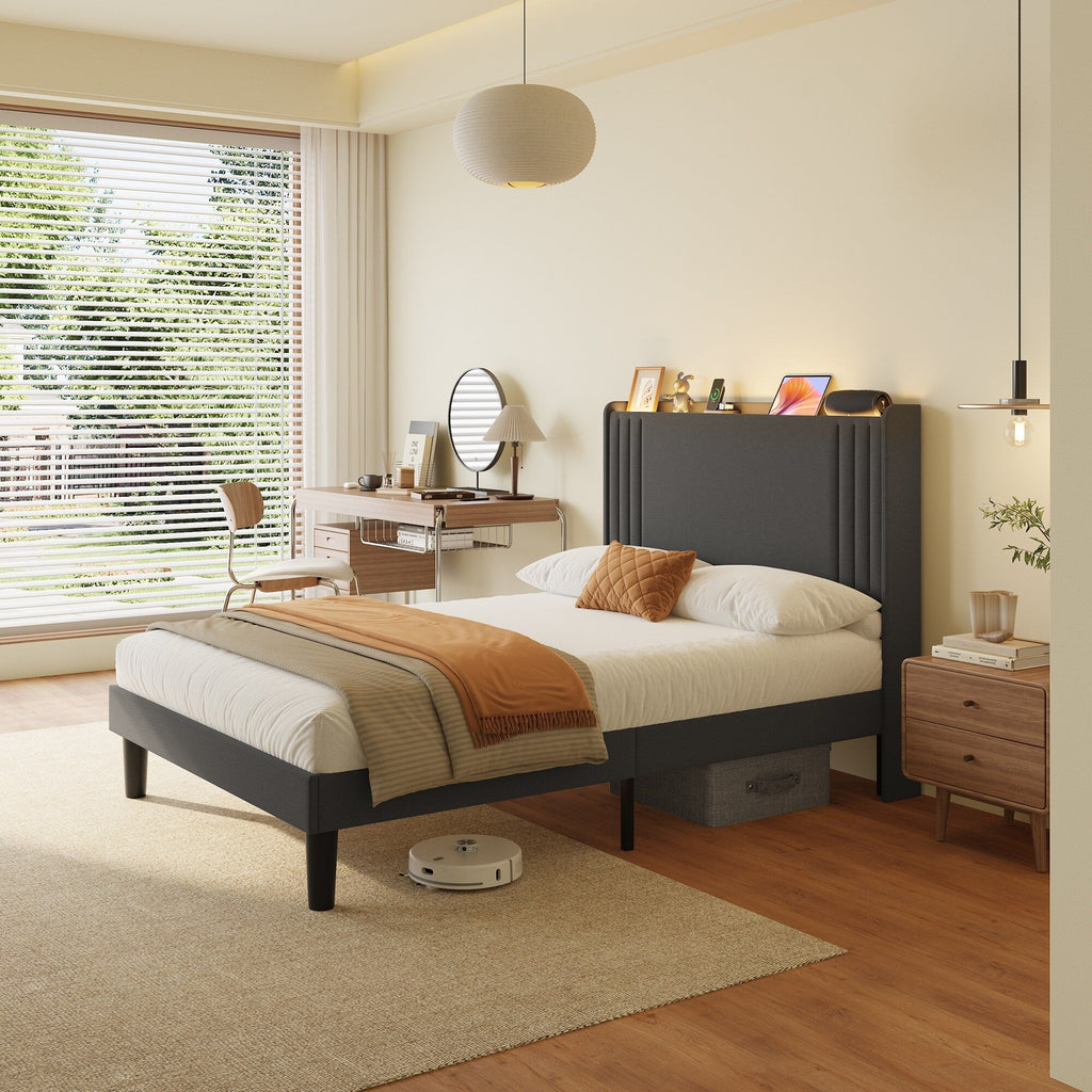 Queen/ Full Vertical Channels Upholstered Bed with Wingback Headboard