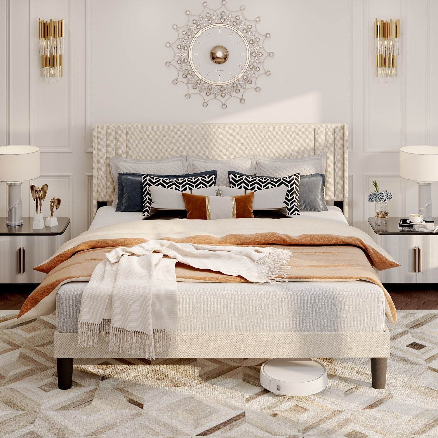 Queen/ Full Vertical Channels Upholstered Bed with Wingback Headboard