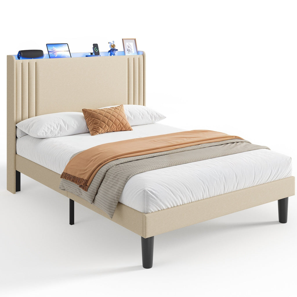 Queen/ Full Vertical Channels Upholstered Bed with Wingback Headboard