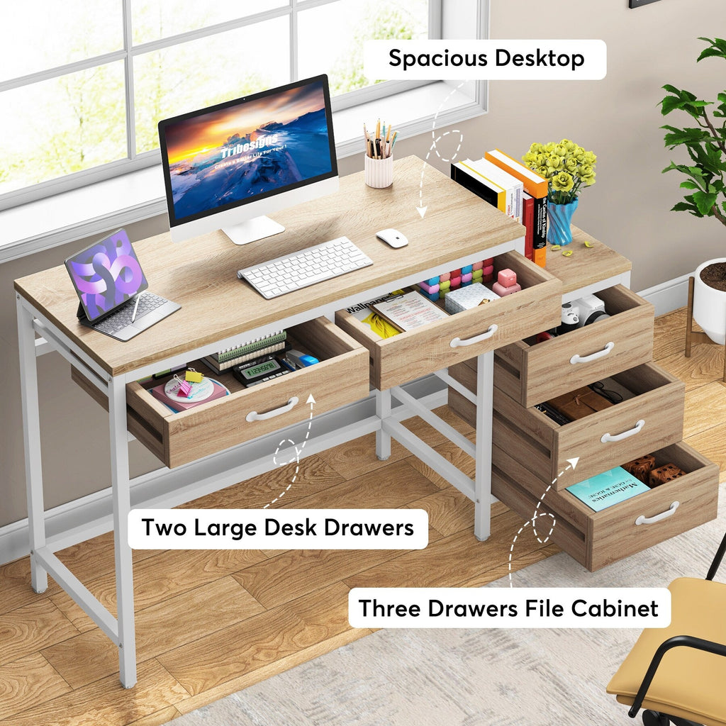 Reversible Computer Desk with 5 Drawers, Home Office Desk with File Cabinet Drawer Printer Stand