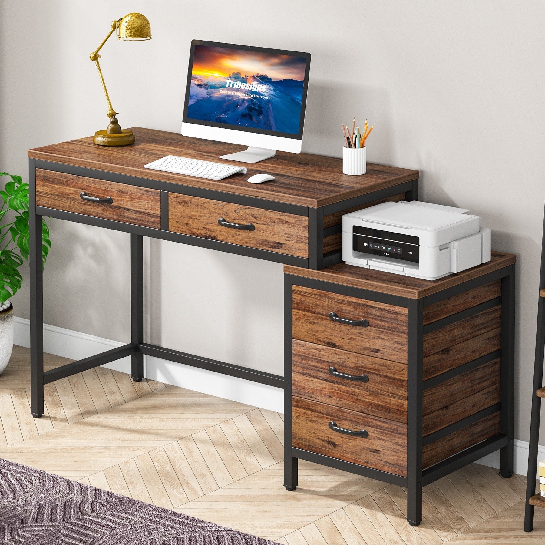 Reversible Computer Desk with 5 Drawers, Home Office Desk with File Cabinet Drawer Printer Stand