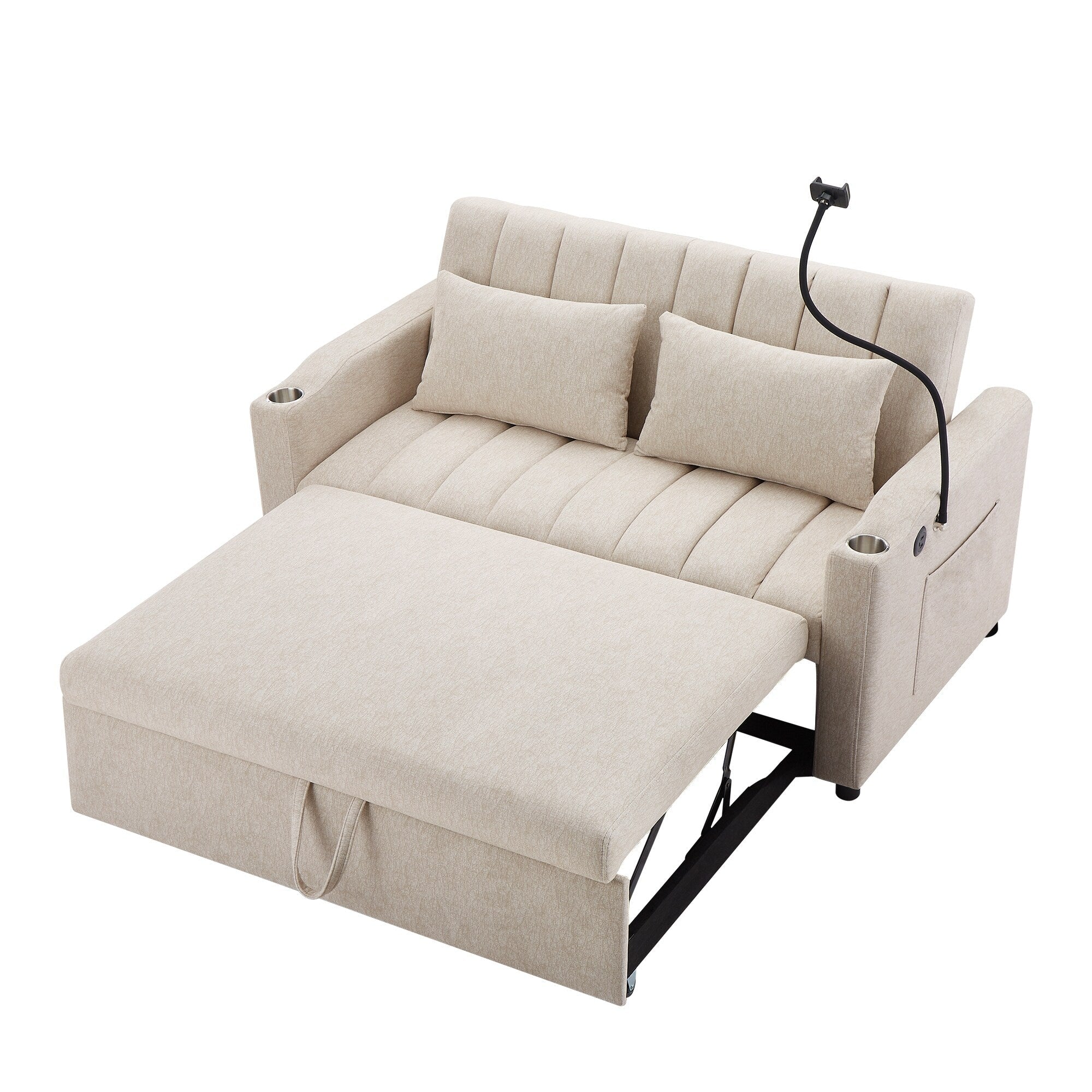 Roomfitters Convertible Loveseat Sofa Bed with USB Ports, Side Pockets, Cup Holders, and Swivel Phone Holder for Living Room