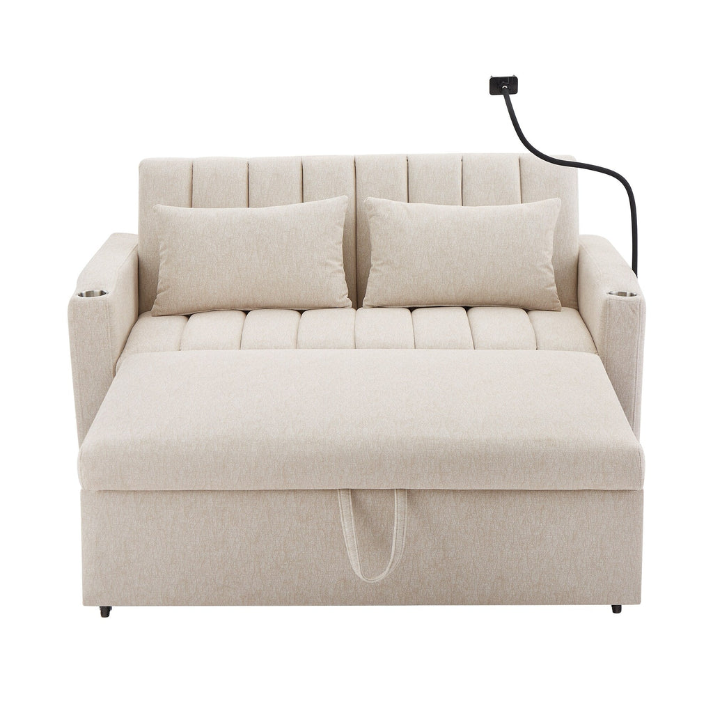 Roomfitters Convertible Loveseat Sofa Bed with USB Ports, Side Pockets, Cup Holders, and Swivel Phone Holder for Living Room