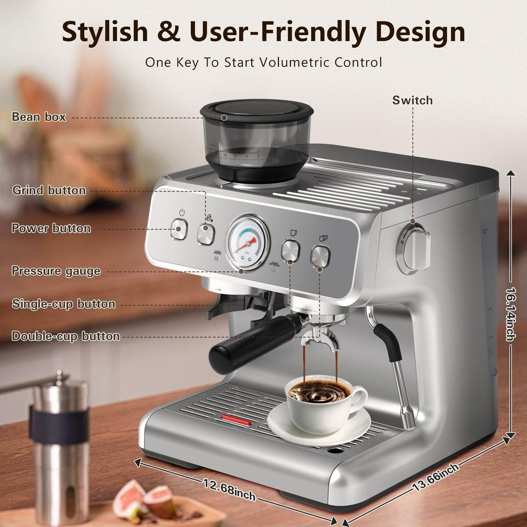 Semi-automatic Coffee Machine with Intelligent Temperature Control and Hot Water Function, 30 Grinding Settings