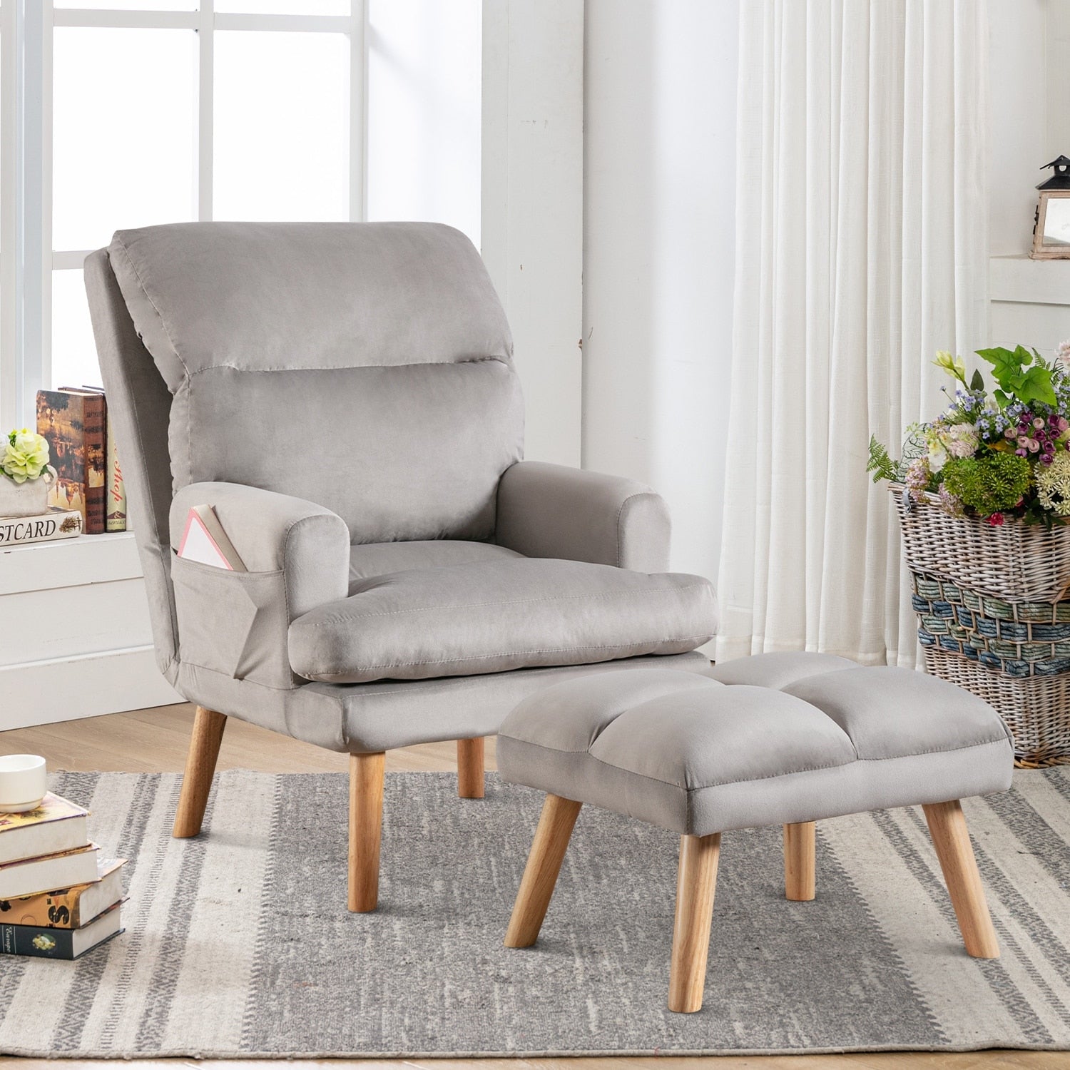 Soft Fabric Casual Living Room Armchair With Adjustable Backrest And Legs Stool