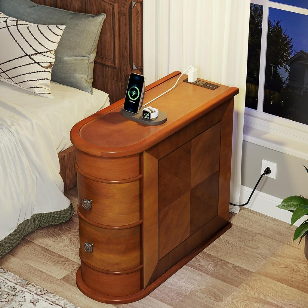 Solid Wood Chairside End Table, Two-Drawer Narrow Side Table Slim