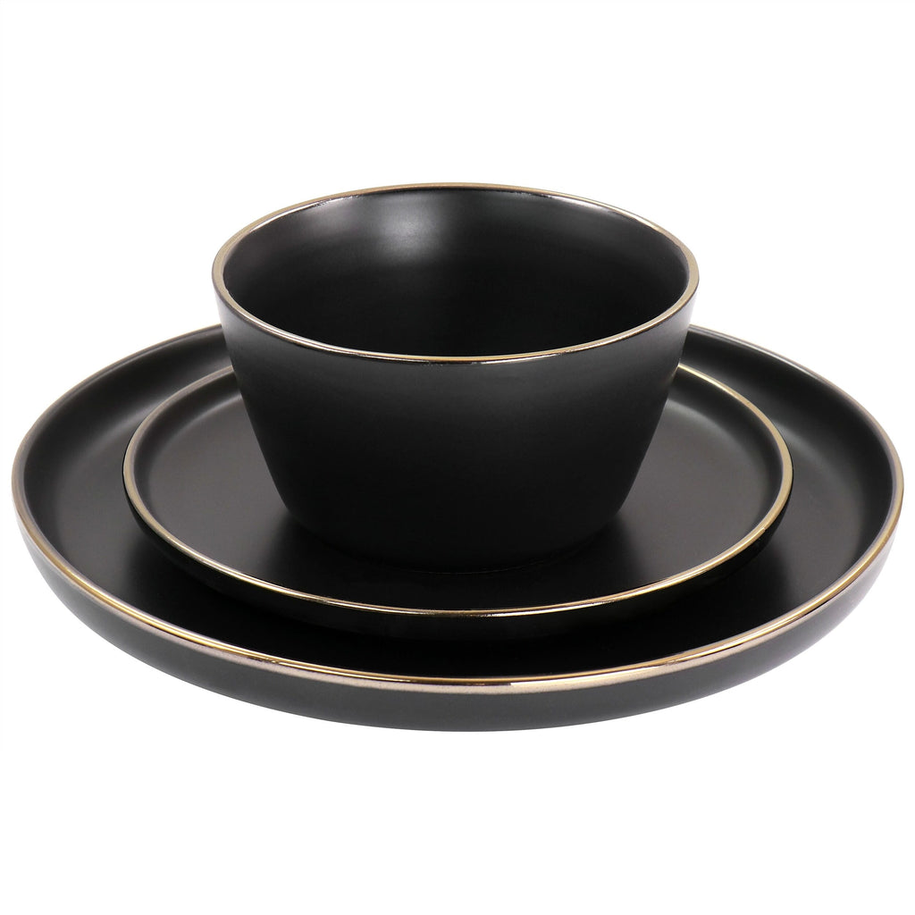 Stoneware Dinnerware 16 Piece Set in Black with Gold Rim