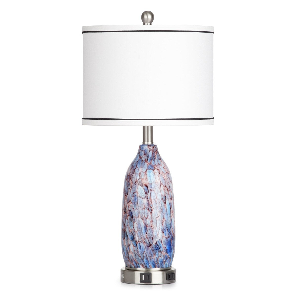 Table Lamp with Nightlight 2in1 Indigo Glass Lamp Body Charging Ports AC Outlet Drum Shade Touch Dimming Switch(Set of 2)