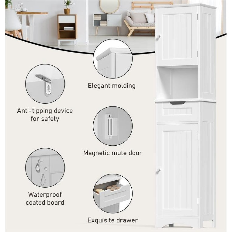 67'' Tall Bathroom Narrow Linen Cabinet, 5 Tiers Solid Wood Freestanding Storage Cabinet