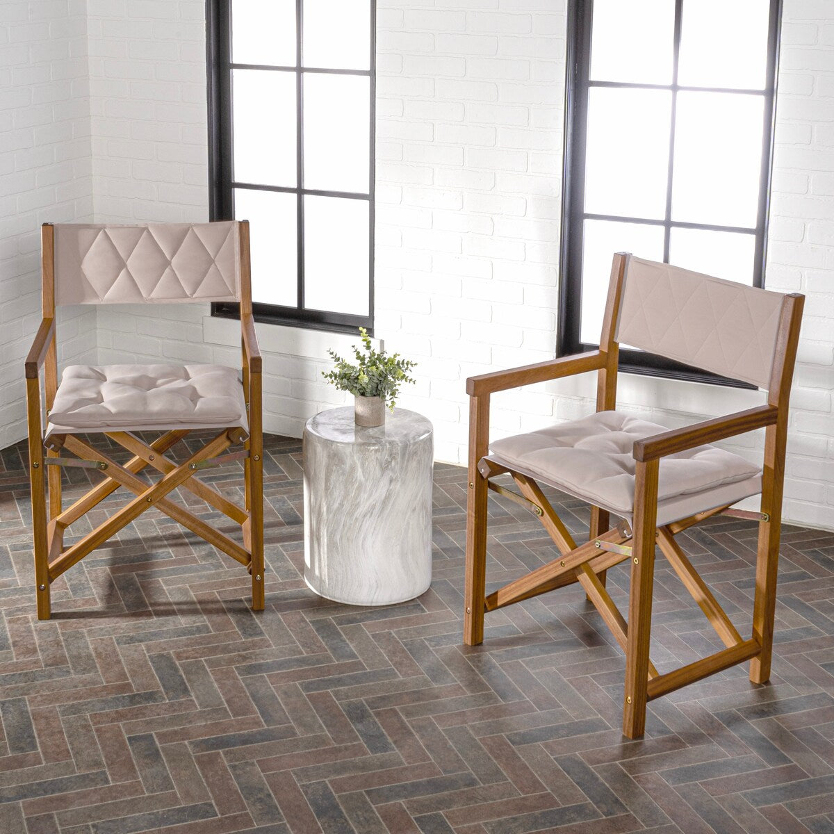 Theo Classic Mid-Century Outdoor Acacia Wood Foldable Diamond-Quilted Back Director Chair with Cushion, (Set of 2) by JONATHAN Y