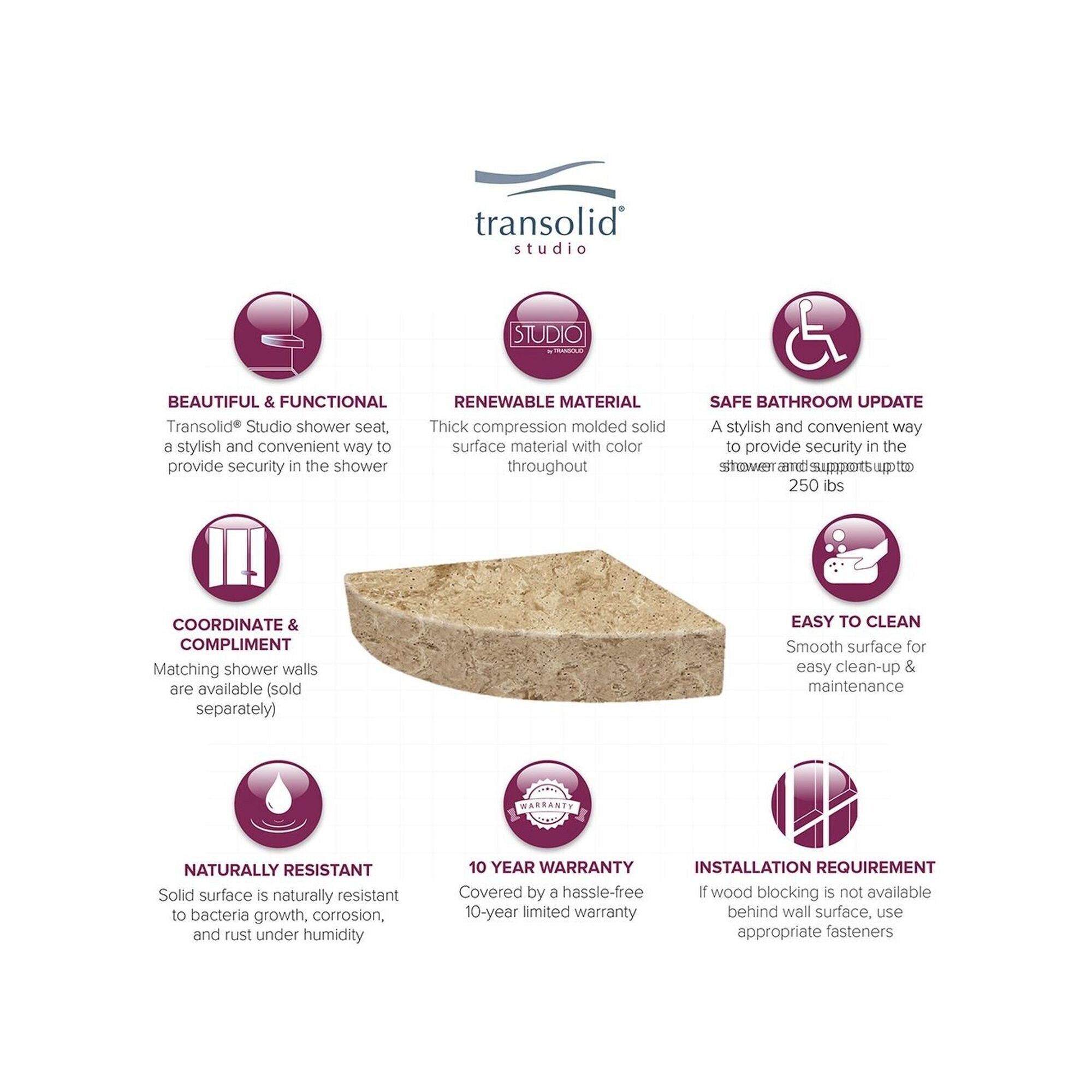 Transolid Studio 14-In X 14-In Solid Surface Wall-Mount Corner Shower Seat - 14.5 x 14.25 x 3