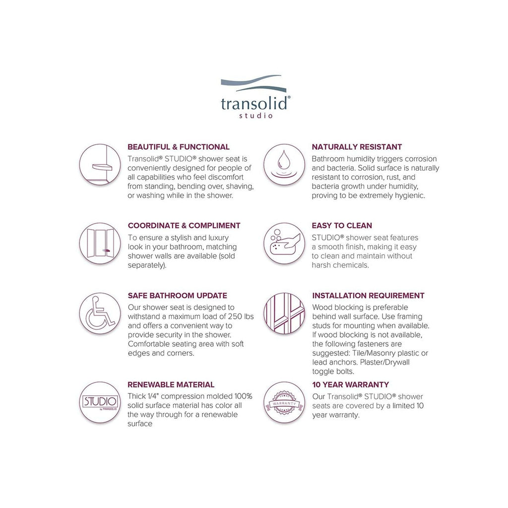 Transolid Studio 14-In X 14-In Solid Surface Wall-Mount Corner Shower Seat - 14.5 x 14.25 x 3