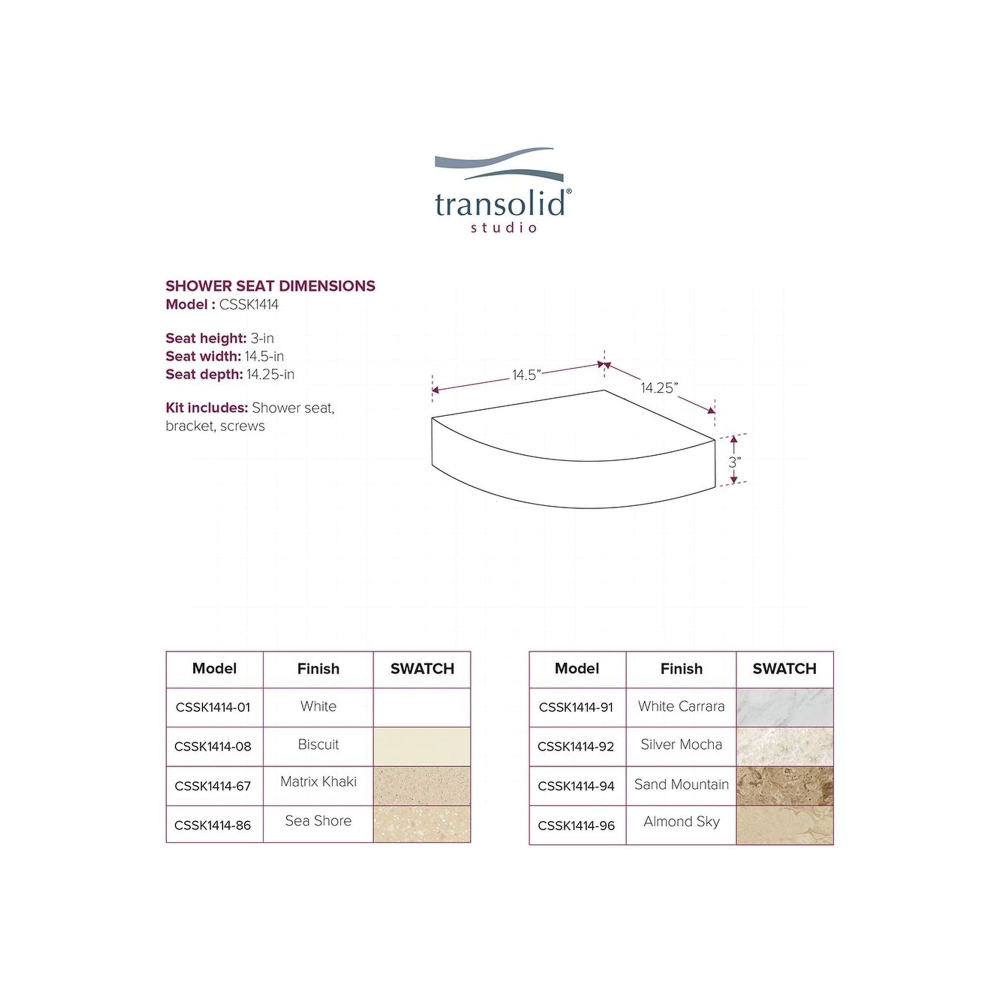 Transolid Studio 14-In X 14-In Solid Surface Wall-Mount Corner Shower Seat - 14.5 x 14.25 x 3