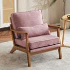 Upholstered Linen Blend Accent Chair with Wooden Legs and One Pillow Beige