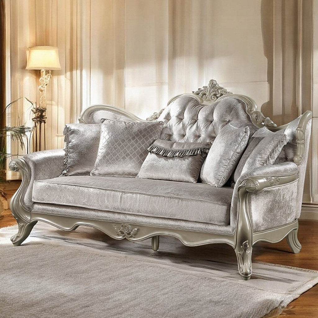 Upholstered Sofa with Button Tufted Back in Beige and Champagne