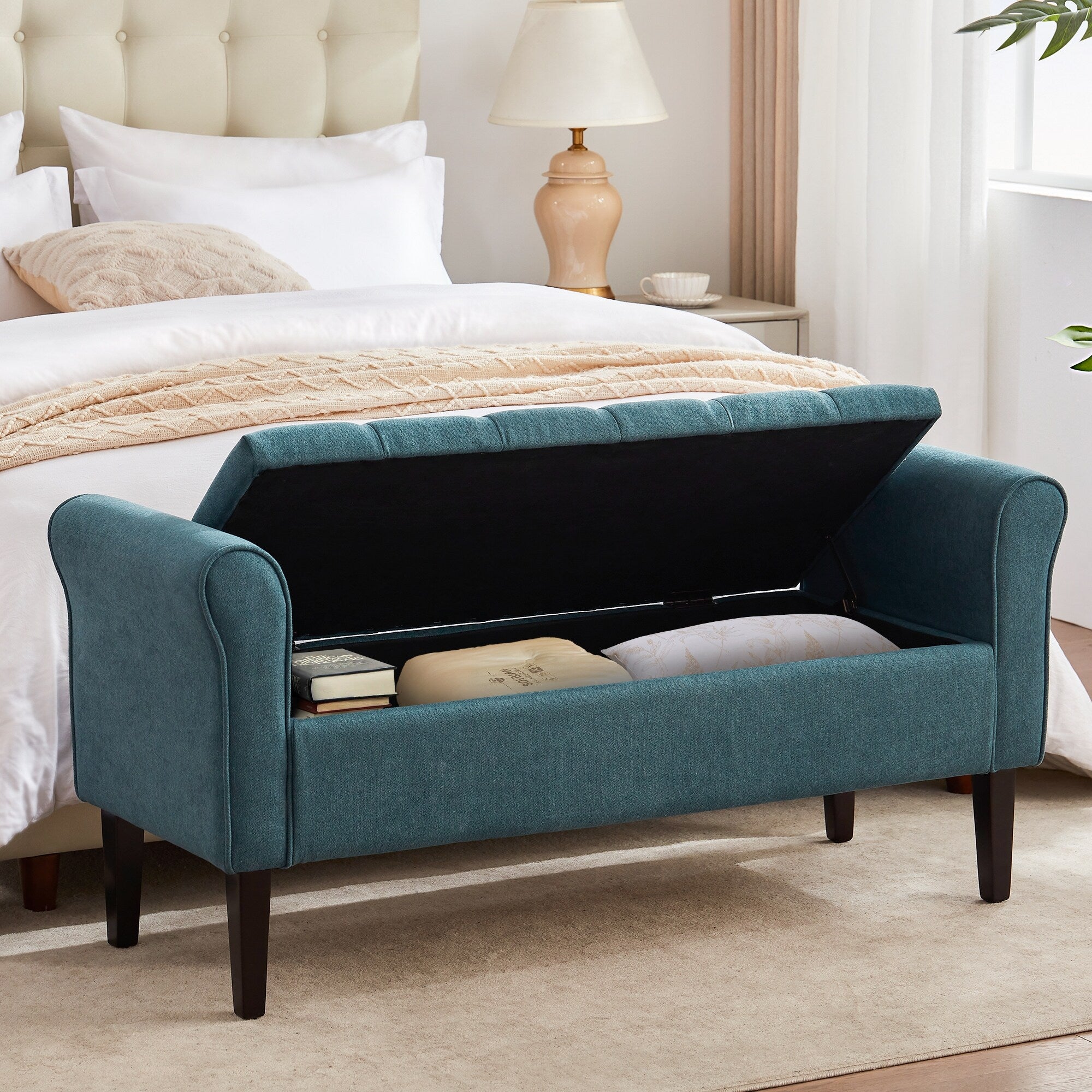 Upholstered Storage Bench Arm Bench Entryway Bench with Tufted Flip Top 50.4 Inches