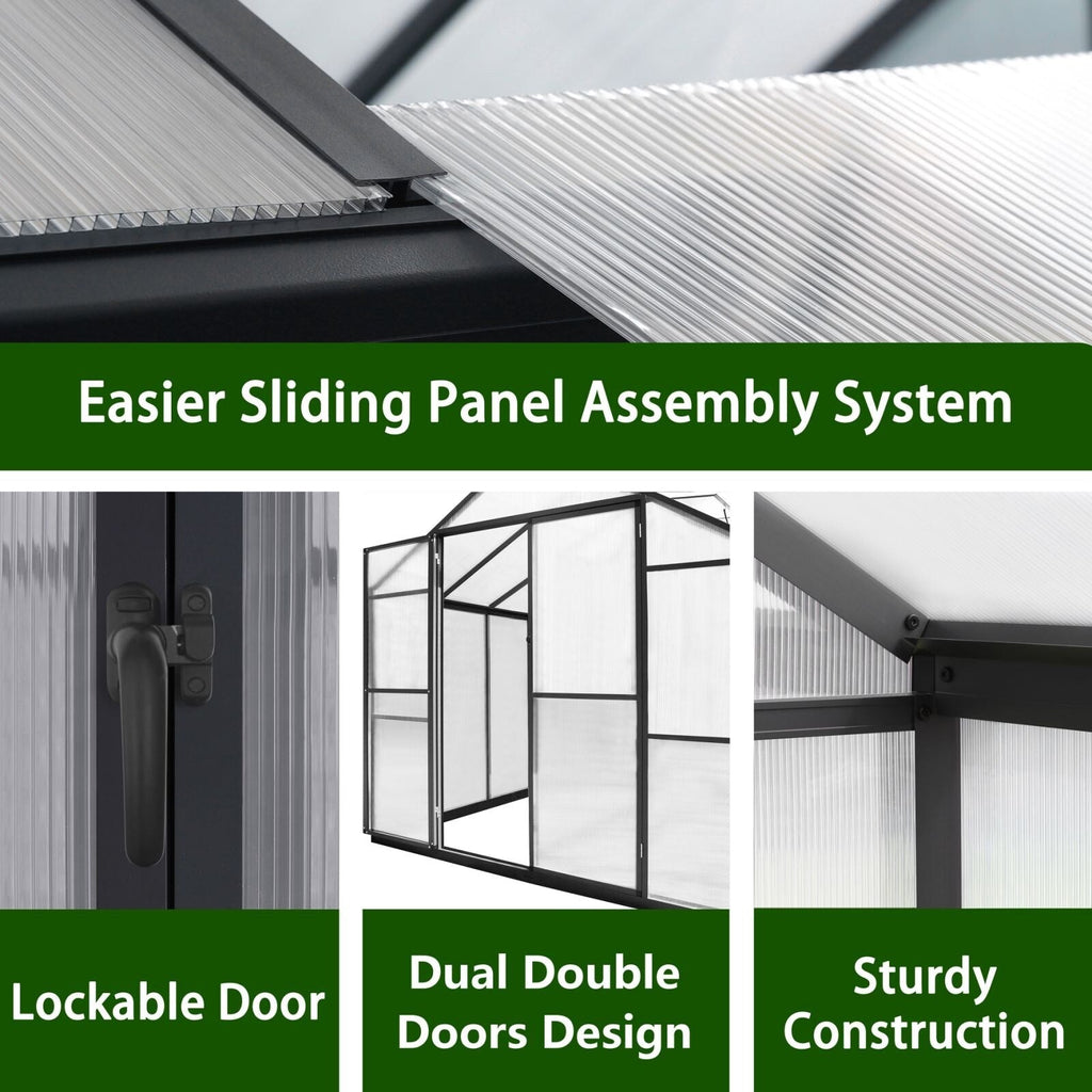 VEIKOUS Aluminum Walk-In Garden Greenhouse Kit with Adjustable Roof Vent and Lockable Door Grey