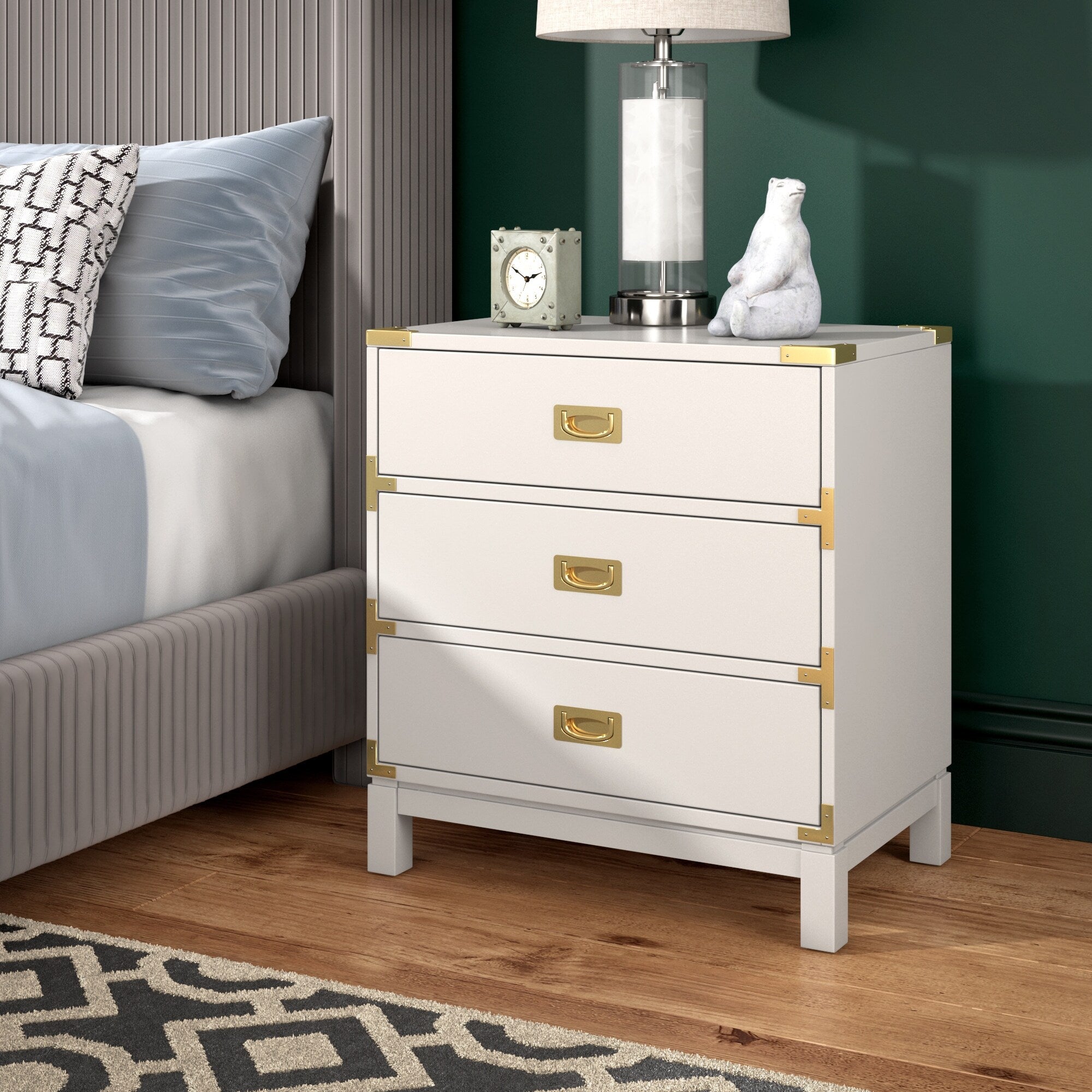 Valoria 3-Drawer Gold Accent Nightstand