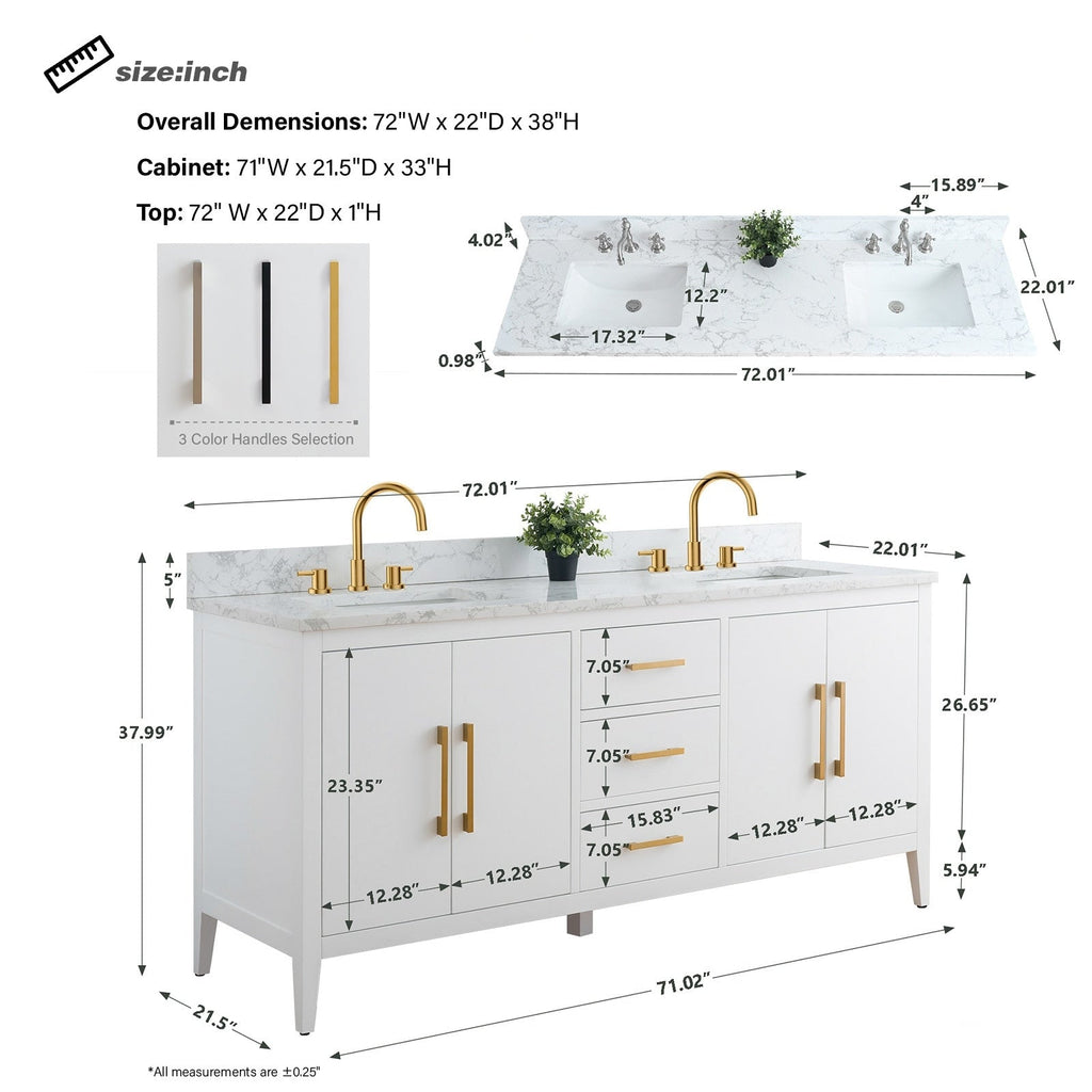 Vanity Art 72 Double Sink Bathroom Vanity Cabinet with Engineered Marble Top