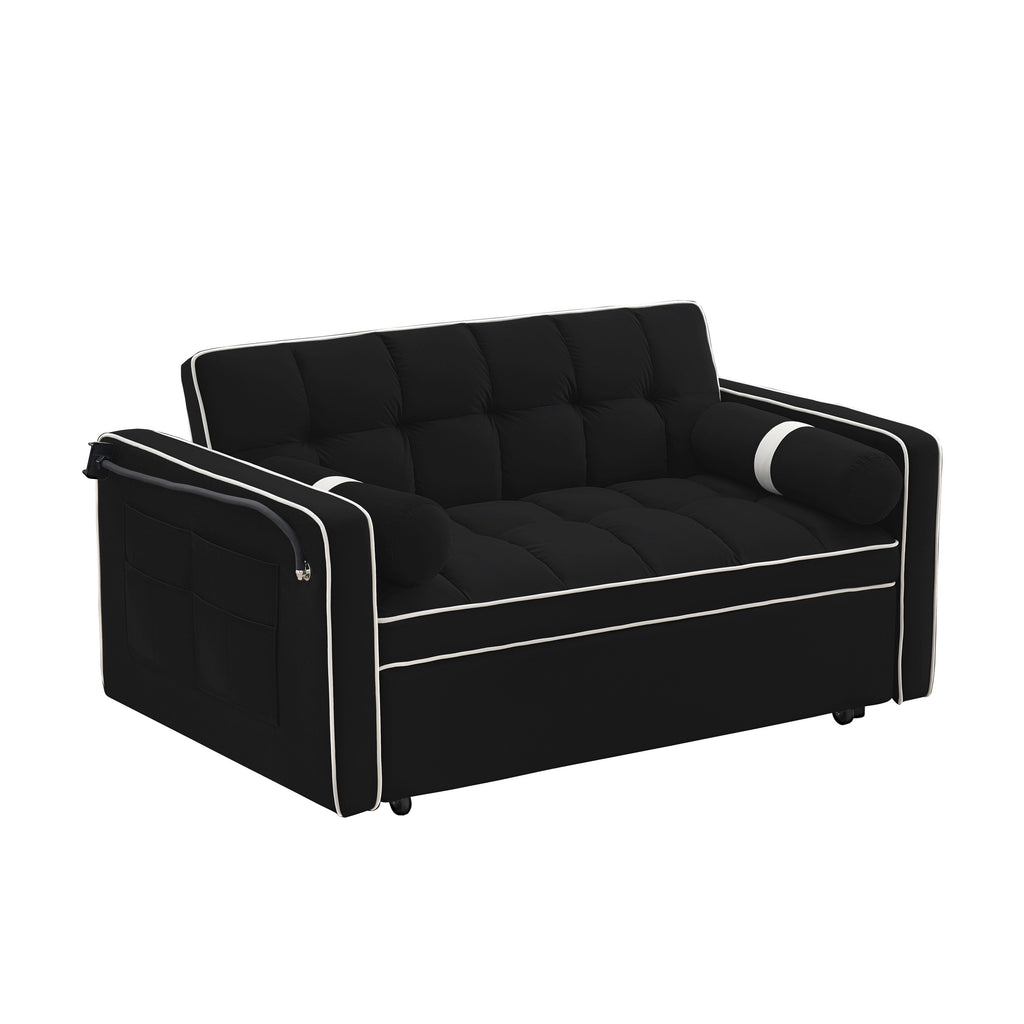 Velvet Convertible 55'' 2-Seater Sleeper Sofa with Pull-Out Bed, Adjustable Recline, Side Pockets, and Phone Holder