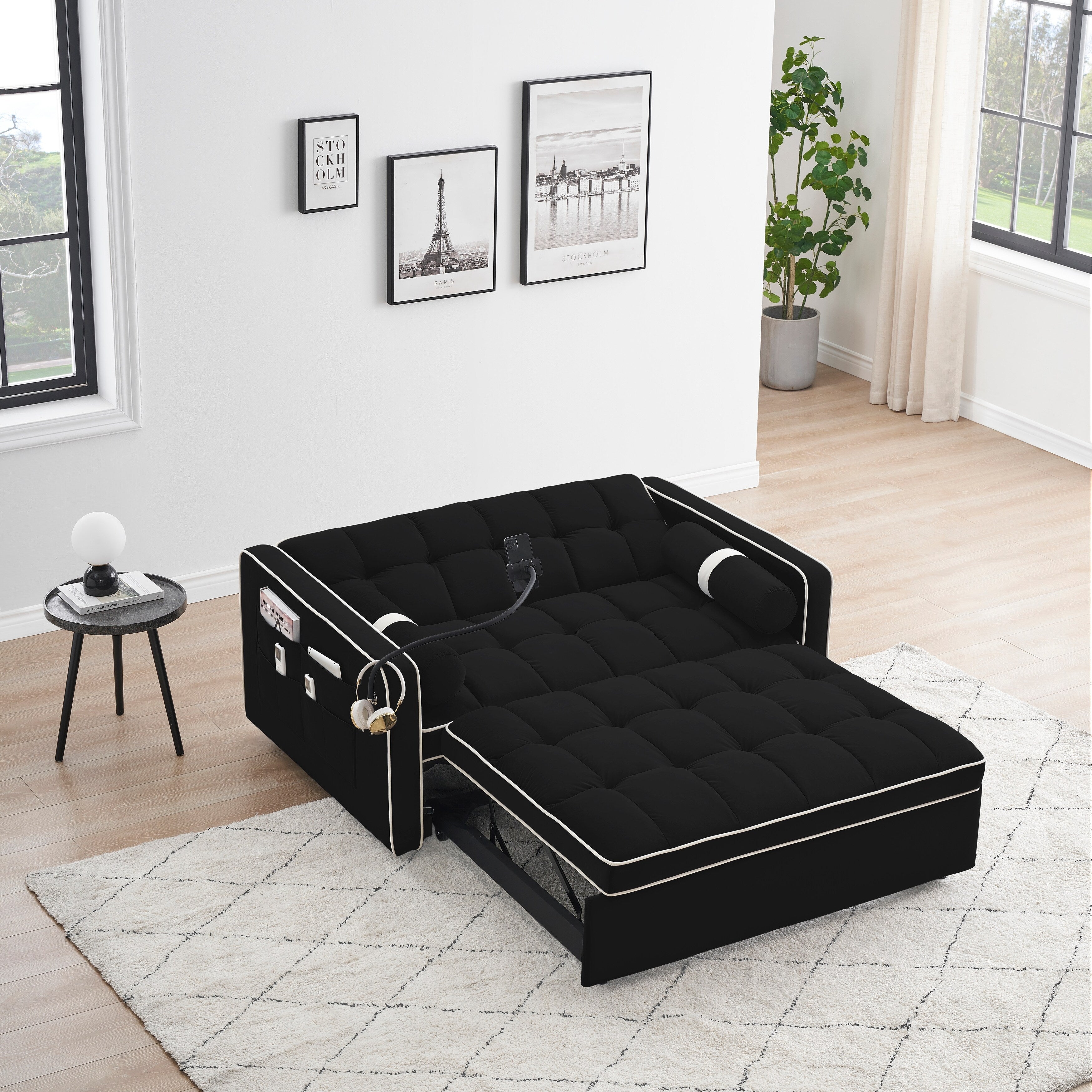 Velvet Convertible 55'' 2-Seater Sleeper Sofa with Pull-Out Bed, Adjustable Recline, Side Pockets, and Phone Holder