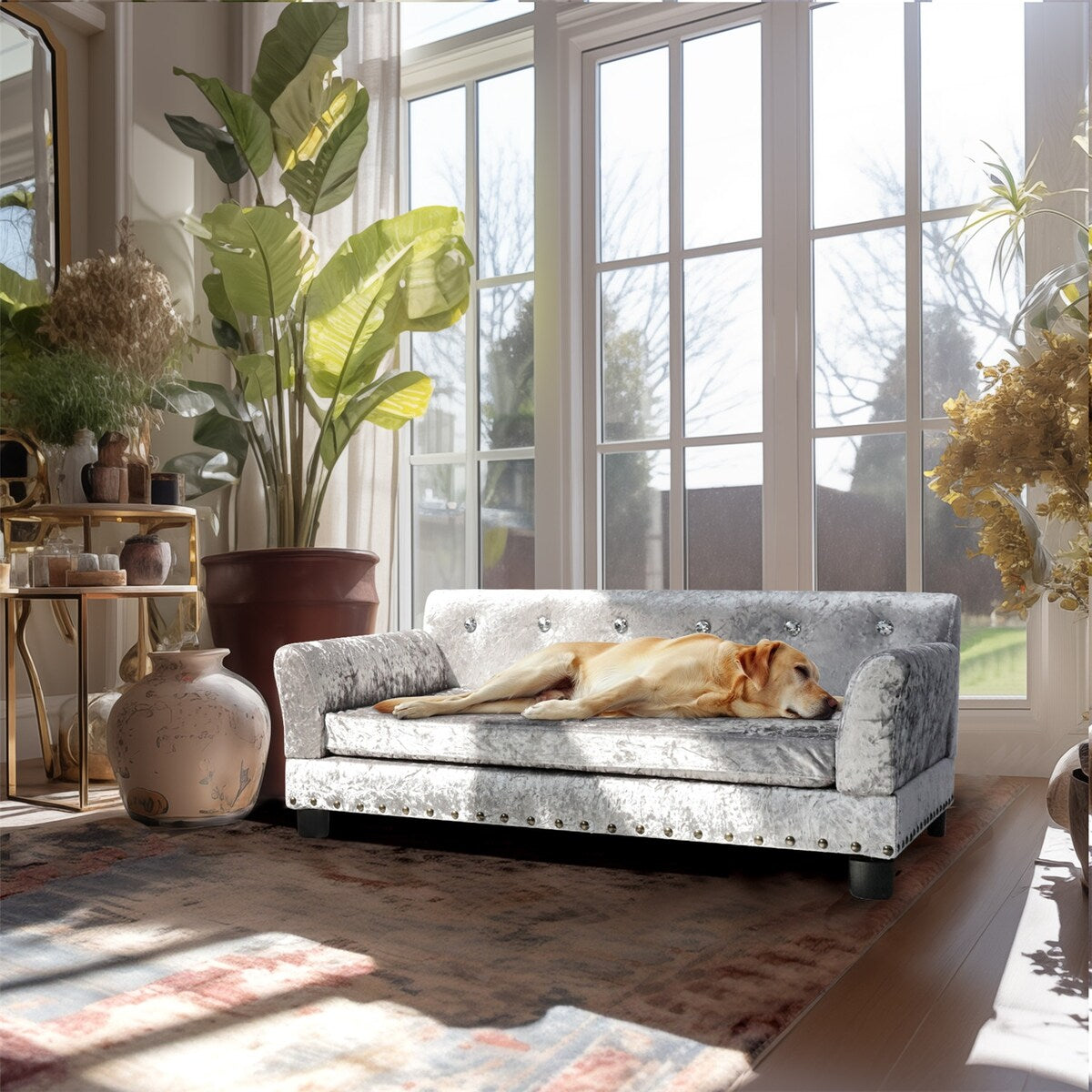Velvet Tufted Couch Pet Bed Upholstered with Removable Cushion