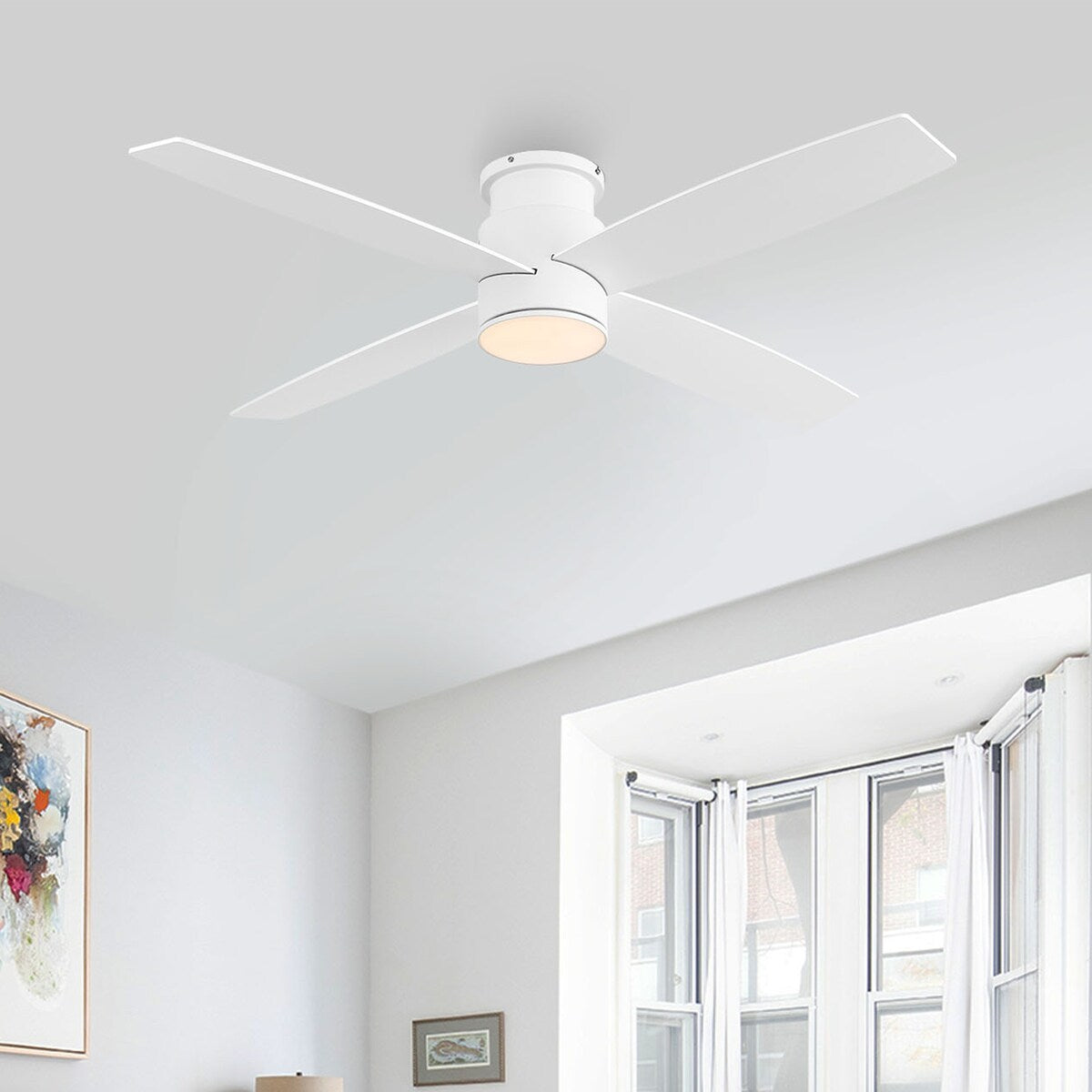 WINGBO 44/52 Inch Flush Mount DC Ceiling Fan with Lights and Remote, 4 Reversible Blades