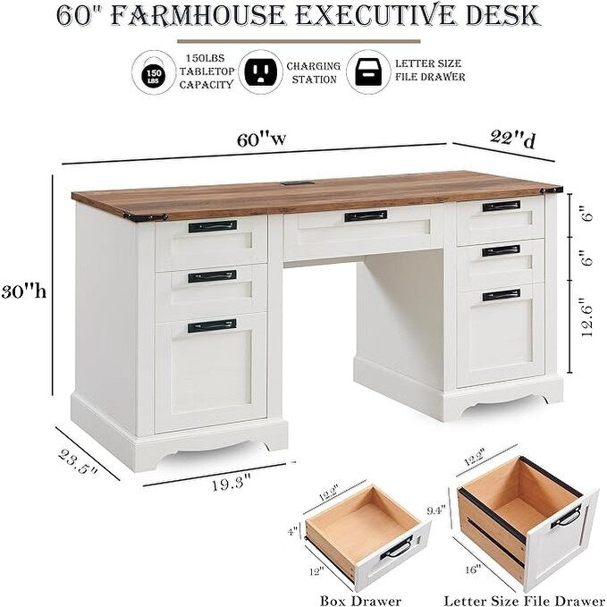 60 Farmhouse Executive Desk, Wood Home Office Desk, Computer Desk