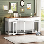 Wooden Double Dog Crate Kennel Furniture with 2 Drawers & Divider
